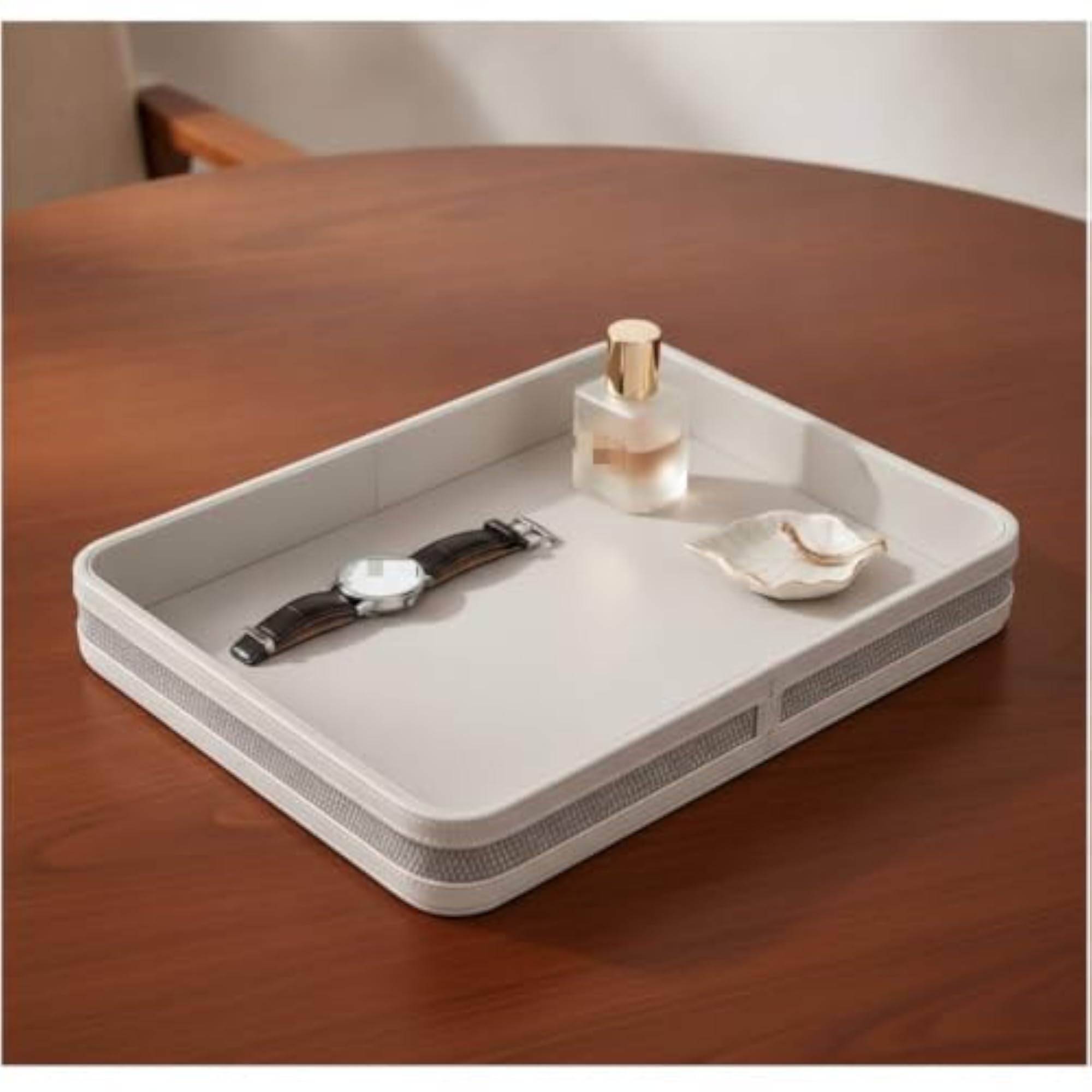 Leather-Look Rectangular Tray, Woven-Texture Organizer in Beige