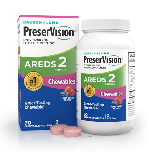 Image of PreserVision AREDS 2 Chewable, Eye Vitamins, Mixed Berry, 70 Tablets | AREDS 2 Formula, Lutein & Zeaxanthin, Macular Support* Vitamins, Vitamin C, E, Zinc, copper, #1 Eye Doctor recommended brand1