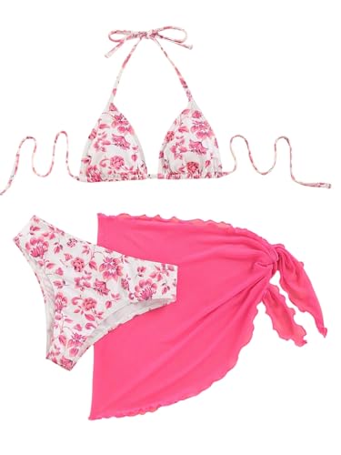 GORGLITTER Damen Bikini Set 3 Teiliger Bikini-Sets mit Blumenmuster Neckholder Badeanzug mit Cover Up Rock Swimsuit Set Heißes Pink S
