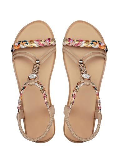 SweatyRocks Women's Flower Braided Flat Sandals Elastic Ankle Strap Vacation Sandals