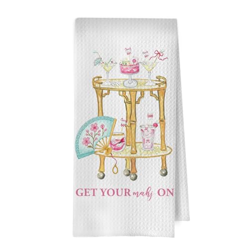 Image of Mahjong Chinoiserie bar Towel - Bar Cart Mahjong Chinoiserie Decorative Waffle Dish Towels, Chinoiserie Hand Towel, Cocktail Tea Towel, 16x24 Inch