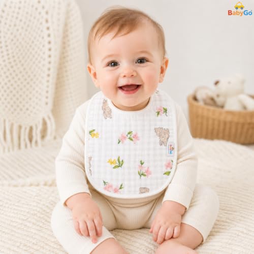 Image of BabyGo Muslin Cotton Baby Bibs | Pure Cotton 8-Layer Super Absorbent Cartoon Print Feeding & Drool Bibs | Ultra-Soft, Washable & Reusable Bibs for Infants, Toddlers & Newborns | Pack of 2 (Multicolor)