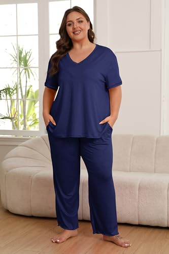 Image of Vozanet Women's Plus Size Pajama Sets Short Sleeve Long Pants Solid Color with Piping Trim Elegant Loungewear Cozy Sleepwear
