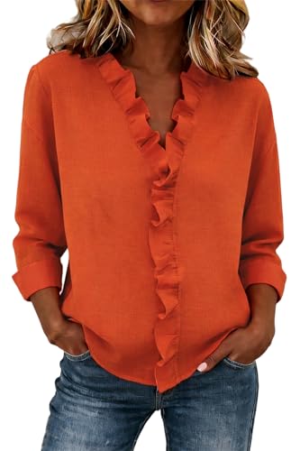 Blusa de manga larga con volantes para mujer, cuello en V, cuello alto, botones, a rayas, casual, para negocios, oficina, elegante, Naranja-Rojo, 3XL
