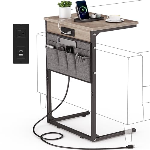 Vagusicc C Shaped End Table with Charging Station, 28' Tall C Table Side Table for Couch, Small Couch Side Tables for Small Spaces, Slide Under Sofa Tables TV Tray End Tables for Living Room Bedroom