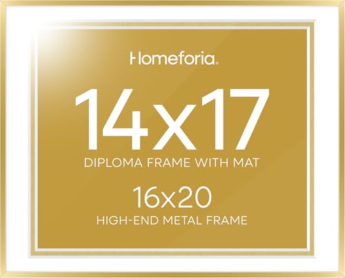 Image of Homeforia 16x20 Diploma Frame Gold, High End Metal 16 x 20 Gold Certificate Frames with Mat 14 x 17, 16by20 Document Frame Matted to 14x17, Graduation Degree Frames, Tempered Glass, Wall Kit, Set of 1