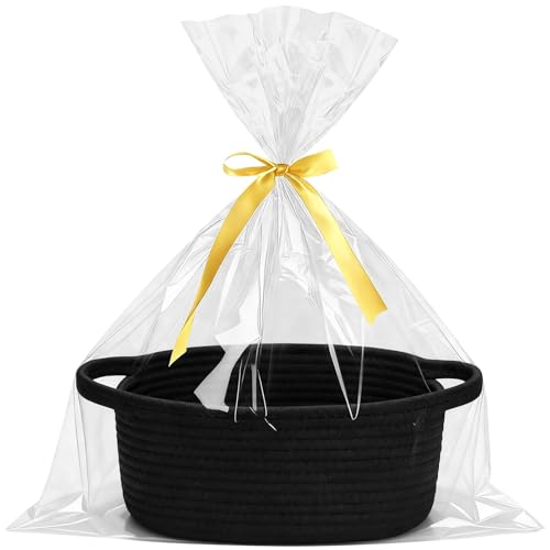 Geschenkkorb Leer Präsentkorb Geflochten Körbchen mit Geschenktüte & Geschenkband Schwarz Aufbewahrungskorb Deko für Geschenkverpackung Geburtstag Hochzeit Ostern Thanksgiving Weihnachten