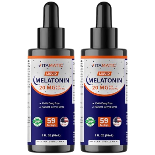 Vitamatic 2-Pack Melatonin 20mg Liquid Drops - 2 fl oz (59 ml) Each - Natural Berry Flavor - Non-GMO Vegetarian Supplement for Adults