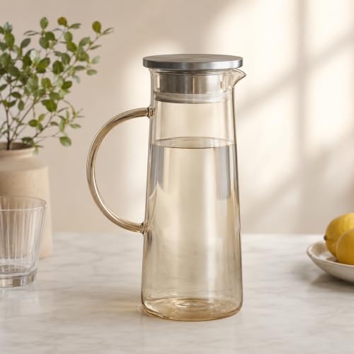 Image of Wringo Premium Glass Waters Jugs - 1.2 LTR, (Set of 1) Transparent, Hot Cold Water Glass Pitcher with Steel Lid Water Jug, Iced Tea, Milk and Juice Beverage Carafe, Lemon Jug 1200ML (WQ-02)