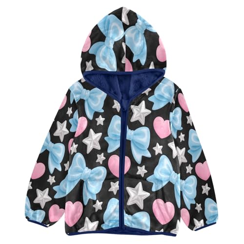 Blue Bows Pink Hearts Stars Toddler Fleece Jacket Girl Boys Hooded Fleece Jacket Coat Warm Outwear Zip-up 3-10T