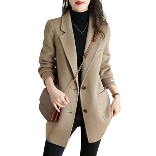 LCDIUDIU Wollen Damesjassen Winterjas Met Lange Mouwen,Trenchcoat,Kaki Colbert Met Inkepingen,Wollen