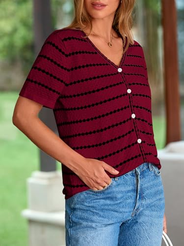 Image of NALANISA Women's Short Sleeve Sweater Spring Summer Crochet Knit Tops 2026 V Neck Striped Button Down Dressy Casual Blouses