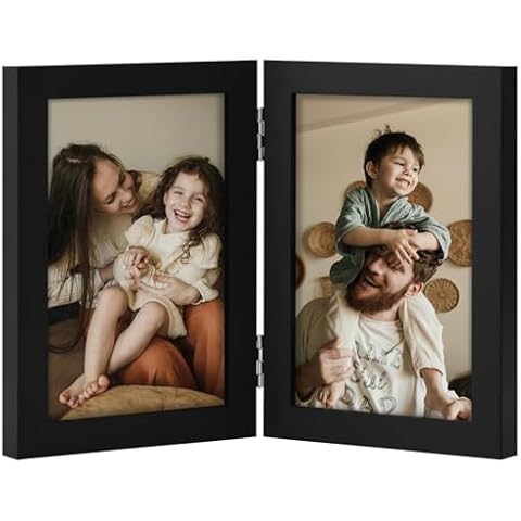 decorUhome Double 4x6 Picture Frame Vertical, Engineered Wood Bifold Photo Frame with Plexiglass for Tabletop Display, Double Picture Frames 4x6 Black Cover