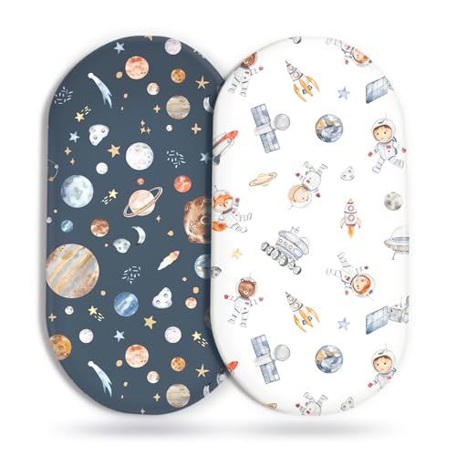 Image of Stretchy Ultra Soft Fitted Bassinet Sheet Set 2 Pack, Universal Fit for Bassinets Baby Cradle Moses Basket Oval Rectangle Mattress Safe and Snug, Space Stylish Print