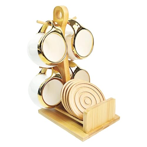 Stylish Bamboo Mug Tree with 4 Elegant White and Gold Trim Ceramic Teacups and Wood Heat-Resistant Coaster - Compact Coffee Cup Stand with 4 Hooks 12.6x15.6x26cm for Office