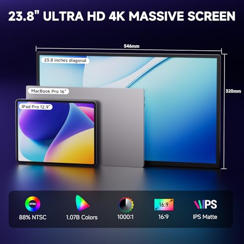 Image of 23.8 inch 4K Portable Monitor, UHD 3840x2160 IPS 400nits 100% sRGB Calibrated Color Gaming Monitor, USB-C HDMI Laptop Screen Extender with Speakers for Desktop, MacBook, PS5, Xbox, Switch