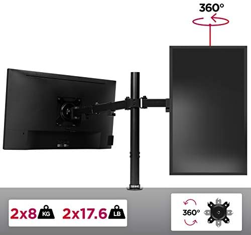 Duronic Dual Monitor Arm Stand DM152, Double PC Desk Mount, Black, Height Adjustable, For Two 13-27 LED LCD Screens, VESA 75/100, 2x 8kg/17.6lb Capacity, Tilt -90°/+35°,Swivel 180° Rotate 360°