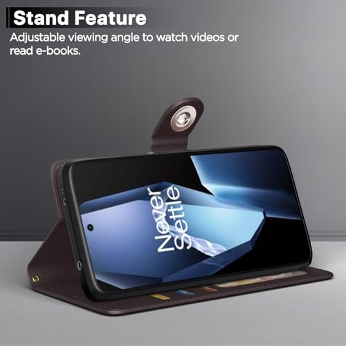 Image of Pikkme Flip Cover Leather Finish | Inside TPU with Card Pockets | Wallet Stand and Shock Proof | Complete Protection Button Flip Case for OnePlus 13R 5G(Coffee)