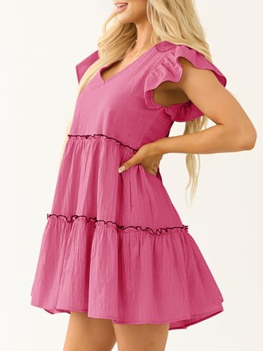 Image of Women's Summer Babydoll Mini Dress V Neck Tie Back Ruffle Sleeve Casual Tiered Loose Flowy Swing Tunic Shift Dress
