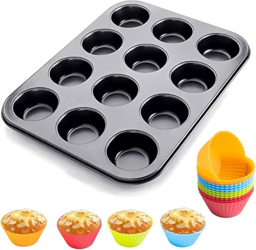MOMENT Non-Stick Carbon Steel Muffin Pan with 12 Free Cupcake Liners Pair of 12-Cup Baking Trays for Muffins and Cupcakes