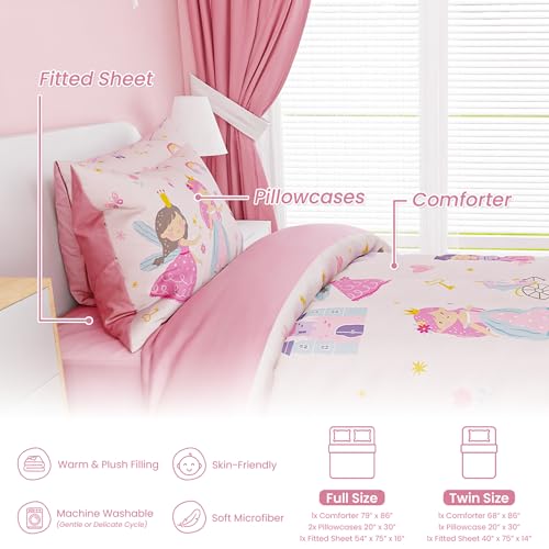 Image of SANDJEST Princess Comforter Set Full Size 98x86in for Kids Girls, Microfiber Bedding Set 4 Pcs Includes 1 Comforter, 2 Pillowcases, 1 Fitted Sheet, Nursery Room Decor Christmas Birthday