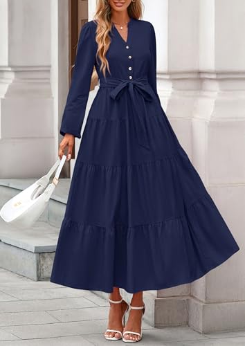 PRETTYGARDEN Fall Dresses for Women 2025 Long Sleeve V Neck Belted Ruffle A Line Flowy Boho Maxi Wedding Guest Dress Pockets4