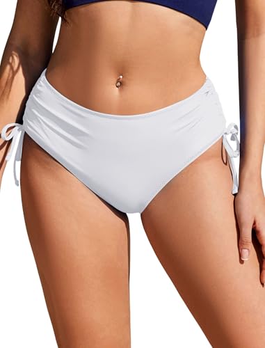 Ekouaer Women Bikini Bottoms Mid Waist Swim Bathing Suit Bottom Full Coverage Swimsuit Shorts White,Small