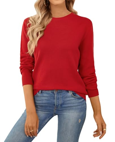 QUALFORT Damen Pullover 100% Baumwolle Leichter Langärmeliger Basic Strickpullover Rot M