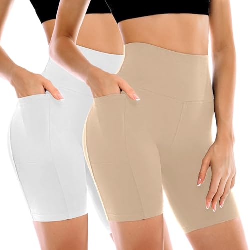 Leafigure 2 Pack Womens Biker Shorts with Pockets High Waisted Tummy Control Yoga Shorts for Women Running Gym and Workout White/Beige L-XL