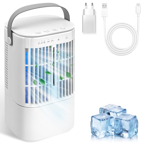 FEMBW Mobiele airconditioning, 4-in-1 mobiele airconditioning met 900 ml waterreservoir en adapter, mini-luchtkoeler met 3 standen, sproeifunctie, hoofdschudder, 2-4 uur timer, 7 kleuren licht voor