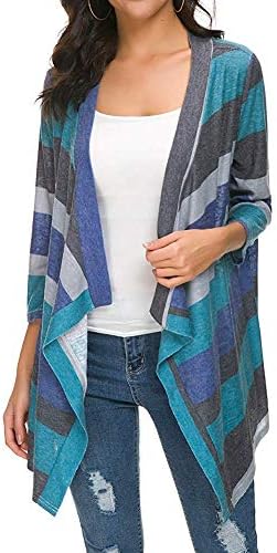 DEARCASE Women's Open Front Cardigans 3/4 Sleeve Draped Striped Sweater Jackets Draped Kimono Loose Cardigan
