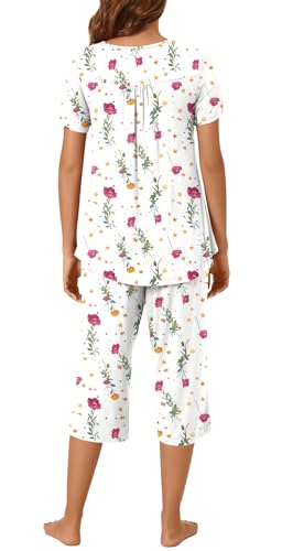 Image of Womens Summer Pajama Sets 2 Piece Short Sleeve Top and Capri Pants Plus Size Ladies Lounge Pjs Sets with Pockets