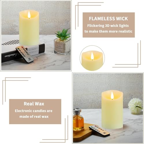 Image of Flickering Flameless Candles, Battery Operated Candles with Remote and Timer, Last 1000+ Hours Battery Candle, 3D Wick, Real Wax Pillar Electric led Candle, Wedding, Christmas Decor 3 inch x 7 inch