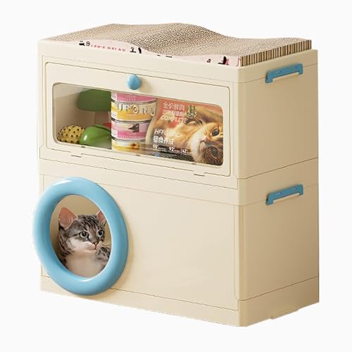 猫ケージ キャットケージ 猫用ケージ 折りたたみ可能 防水 猫ハウス おしゃれ 二段構造 つめとぎ板付き 収納可能 多頭飼い対応 移動便利 ペット用品 エンクロージャ 猫のゲージ ネコ ゲージ ハウス 猫げーじ人気 四季(Blue,60x30x59.5cm