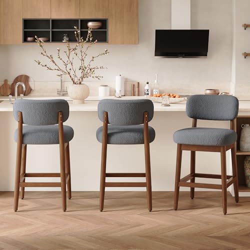 Image of Counter Height Bar Stools Set of 2, Mid-Century Modern Boucle Bar Chairs with Solid Wood Frame, Fluffy Upholstered Stools with Backrest for Kitchen Island, Home Bar, Dove Gray