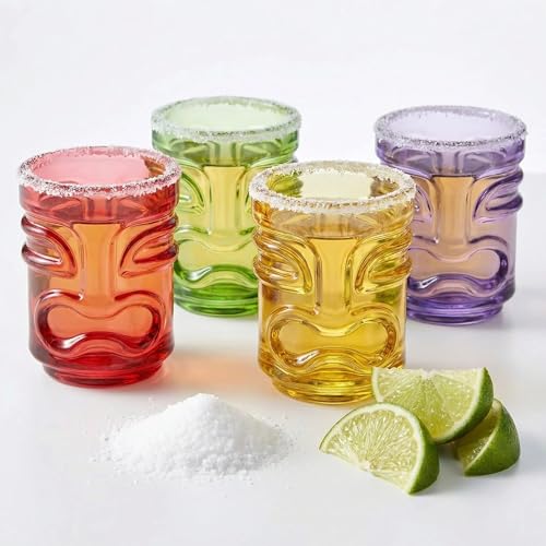 Fioance StackableTiki Shot Glasses Set of 4, 1.35oz Premium Lead-Free Glass with 3D Tiki Face Design, Vibrant 4 colors Shot Glasses for Vodka,Tequila,Tiki Bar, Beach Party, Outdoor Entertaining