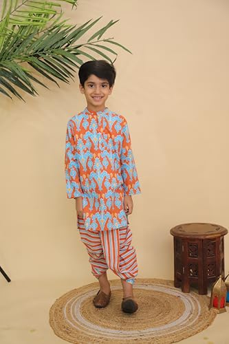 Image of The Mom Store Baby /Kids Boys Dhoti Kurta Set | Dhoti and Kurta | 100% Cotton | Comfortable | Ethnic | Festive Look | Block Prints | Colored Dhoti | Blue