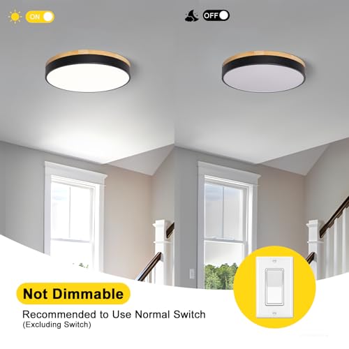 Image of Modern Wood Black Flush Mount Ceiling Light 15.75 Inch