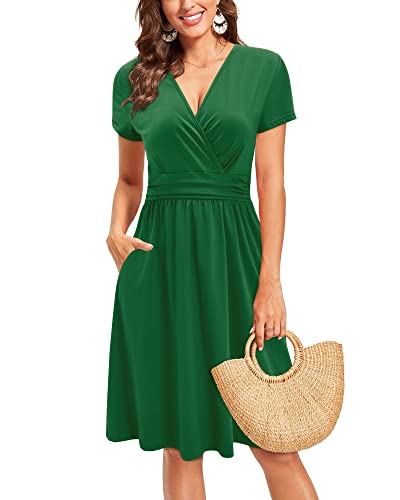 Image of Newshows Womens Summer Short Sleeve Casual Dresses V Neck Floral Vacation Sundress Faux Wrap Midi Dress with Pockets
