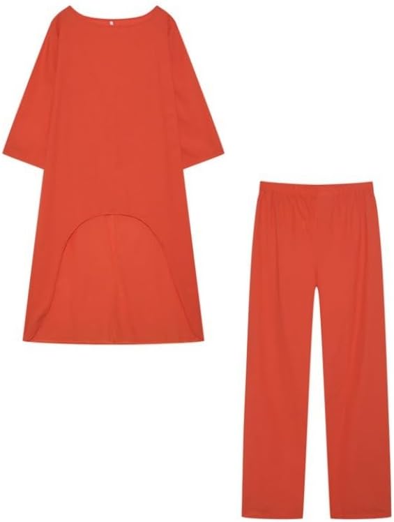 Women Cotton Linen Long Sleeve Two Piece Set Wide Leg Pants Casual Outfit Orange XL