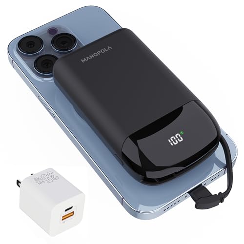 Manopola 35W Portable Charger for iPhone,10000mAh Magnetic Wireless Power Bank with Built-in Lightning Cable and USB-C Cable,Mag-safe Fast Charging Battery Pack for iPhone 15/14/13/12/Pro/Mini/Pro Max