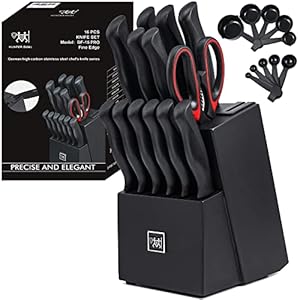 HUNTER Knife Set, Dishwasher Safe Kitchen Knife Set with Block, 24 Pcs Black Kitchen Knife Sets with Block Self Sharpening, 6 Steak Knives, Black