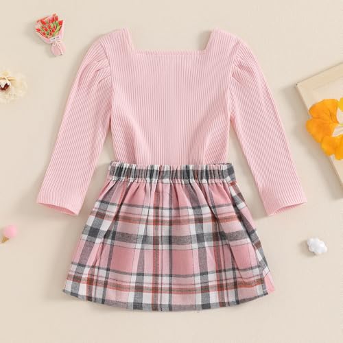 Image of BeQeuewll Fall Winter Toddler Baby Girl Clothes 2Pcs Long Sleeve Ribbed Knit Shirt Plaid Skirt 1T 2T 3T 4T 5T Girls Dress