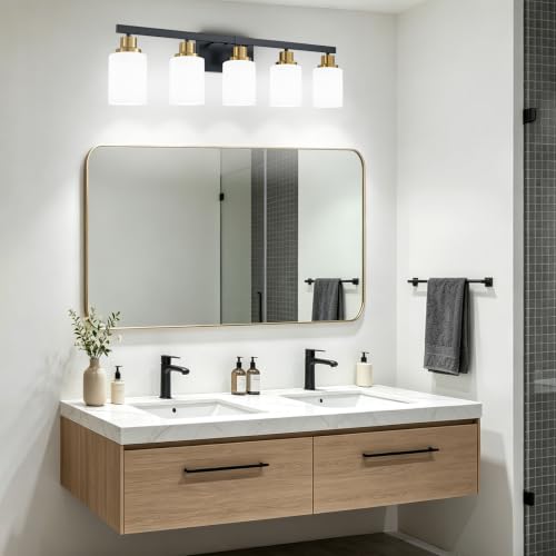 Image of Bathroom Vanity Light 5-Light Vanity Lighting Black and Gold 30in | White Frosted Ribbed Glass Shade Black and Gold Wall Light Fixture Bathroom Light Fixtures with for Mirror Restroom E26 Base