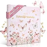 EULENTALER® Das Schulfreundebuch für Mädchen Schmetterlinge I Von Pädagogen gestaltet I Handgemalte Schmetterlinge & Blumen I Geschenk zur Einschulung I Goldprägung I Freundebuch Grundschule
