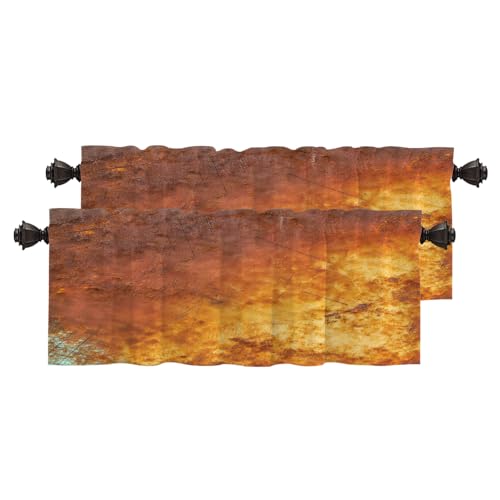 BaoNews Bronze Art Texture Kitchen Valances for Windows,Texture Copper Sheet Marble Orange Blackout Valances Curtains Multilayer Polyester Drapes for Kitchen Bedroom 2 Pack 52X16 Inches