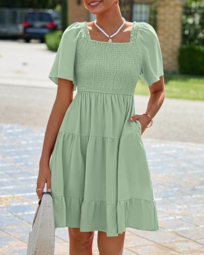 Image of BTFBM Womens Summer Smocked Mini Dress Spring Square Neck Flutter Sleeve Casual Ruffle Swing Boho Beach Dresses Pockets