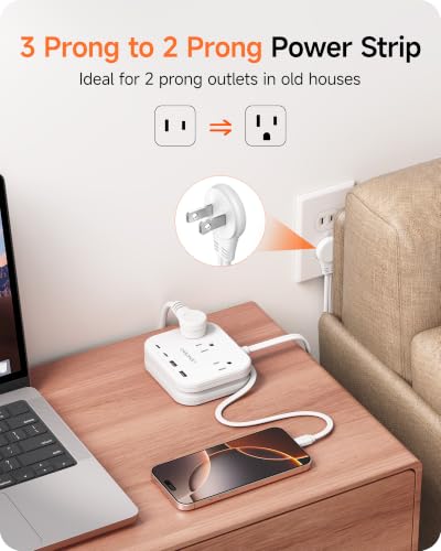 LENCENT Extensión Eléctrica 3 Tomas, Adaptador de Enchufe Plano con Cable USB-C miniatura 2