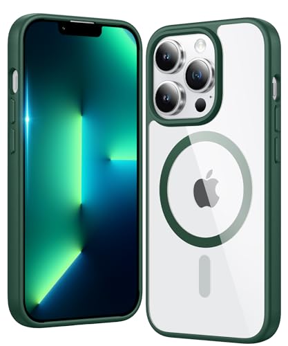 Image of FNTCASE for iPhone 13 Pro-Max Case: Clear Magnetic Phone Cases Compatible with Magsafe Slim Anti Yellowing Military Grade Drop Protection Rugged Transparent Cell Phone Cover (B-Alpine Green)