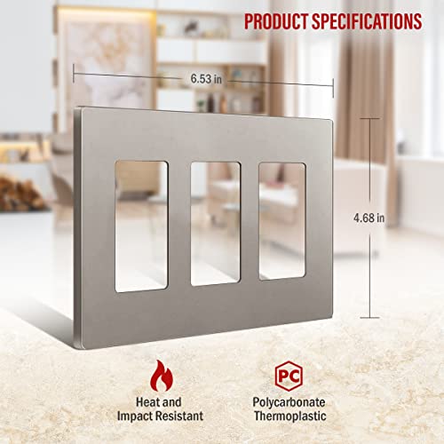 Enerlites Elite Series Screwless Decorator Wall Plate Child Safe Outlet Cover, Size 3-Gang 4.68" H X 6.53" L, Unbreakable Polycarbonate Thermoplastic, Si8833-Nk, Glossy, Nickel #TOP1